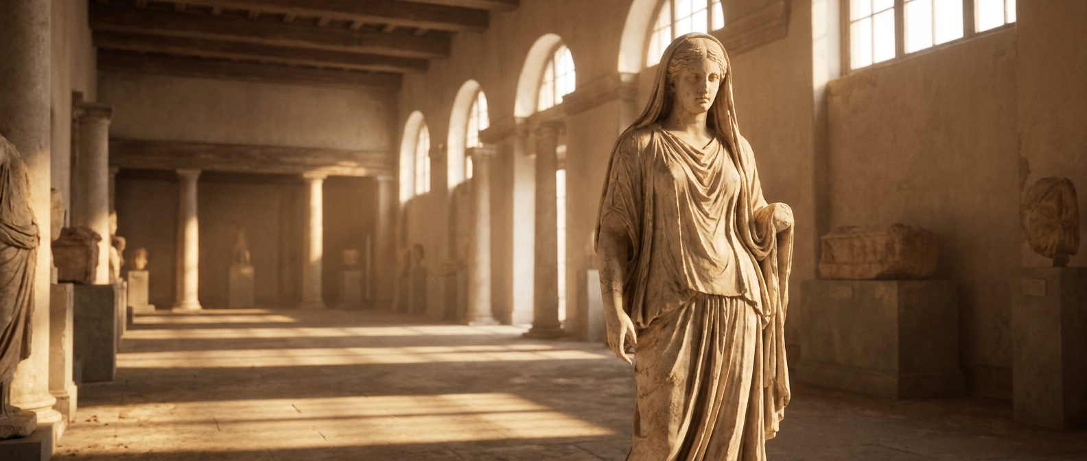 Eine antike griechische Marmorstatue einer verschleierten Frau in einer sonnigen Museumshalle