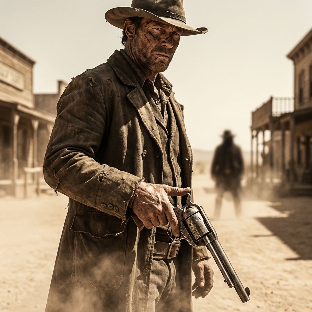 Revolverheld mit Hut und staubigem Mantel steht auf der Hauptstraße einer Westernstadt, in der Ferne ein Gegner. HistoryBytes Season 10: Gunslinger	