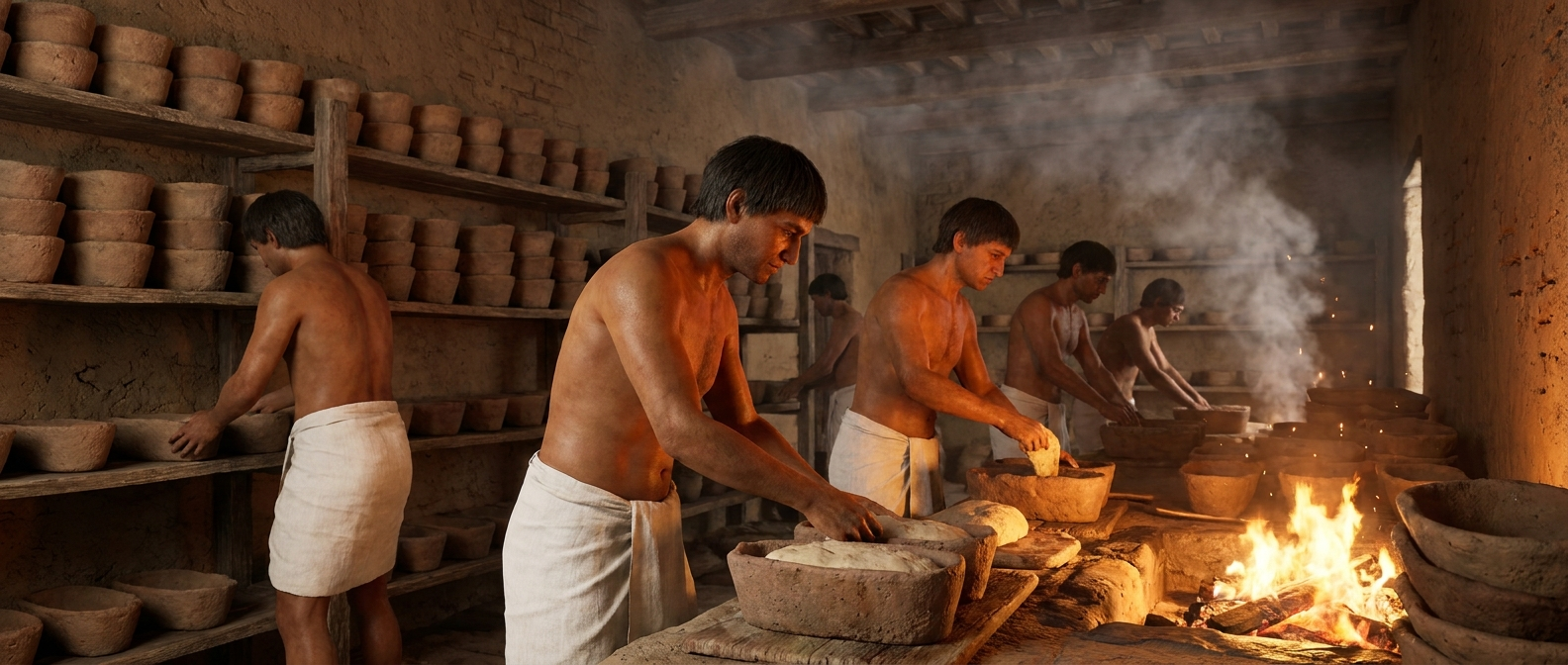 Ancient Egyptian bakers with bronze skin, short black hair, and white linen kilts fill dough into clay molds beside a fire, rows of bread molds on shelves, smoke rising