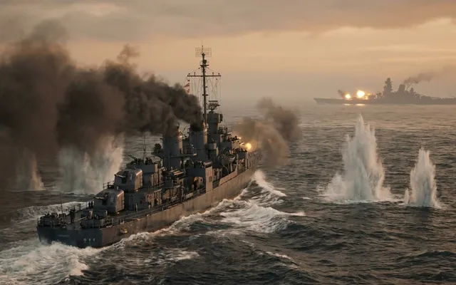 Der amerikanische Zerstörer USS Johnston fährt im Oktober 1944 mit voller Fahrt durch eine dichte Nebelwand auf das japanische Schlachtschiff Yamato am Horizont zu, um ihn herum steigen hohe Wassersäulen von Granateinschlägen auf