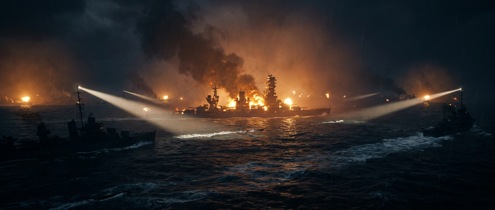 Das japanische Schlachtschiff Yamashiro brennt nachts in der Surigao-Straße, während amerikanische Zerstörer Torpedos abfeuern, Suchscheinwerferstrahlen und Mündungsfeuer durchziehen das Wasser