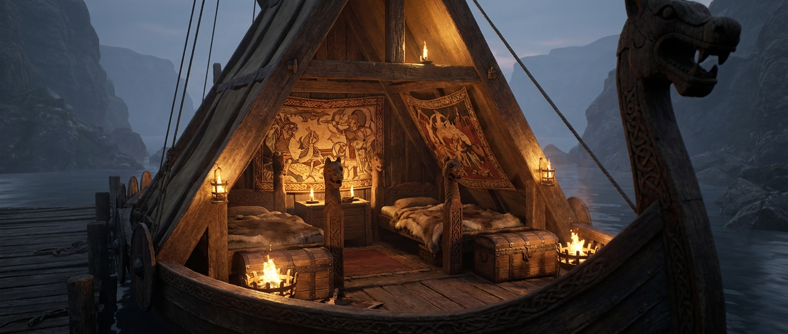 A tent-like timber burial chamber stands on the deck of a Viking ship, tapestries hanging inside, two beds, carved animal-head posts and chests visible in lamplight, no people