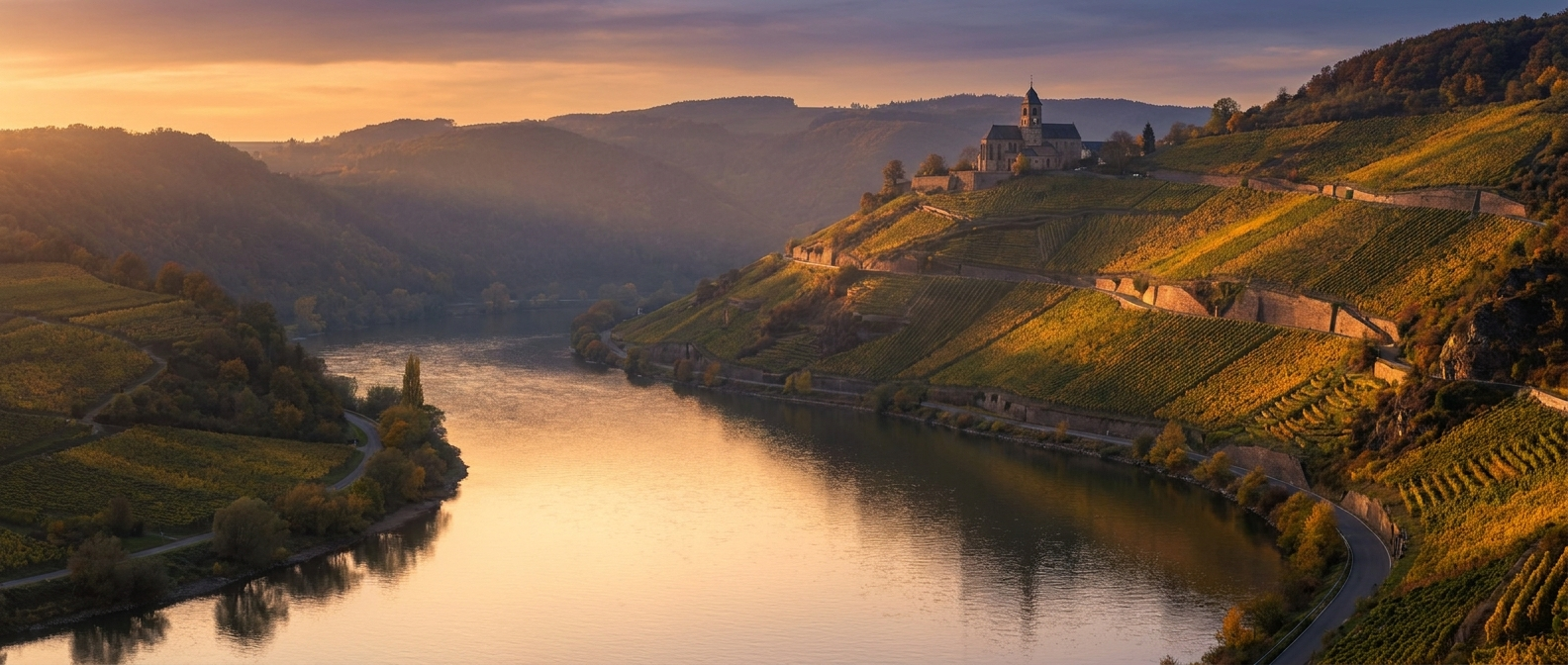 The Rhine at dusk with terraced vineyards and a distant convent on a hilltop