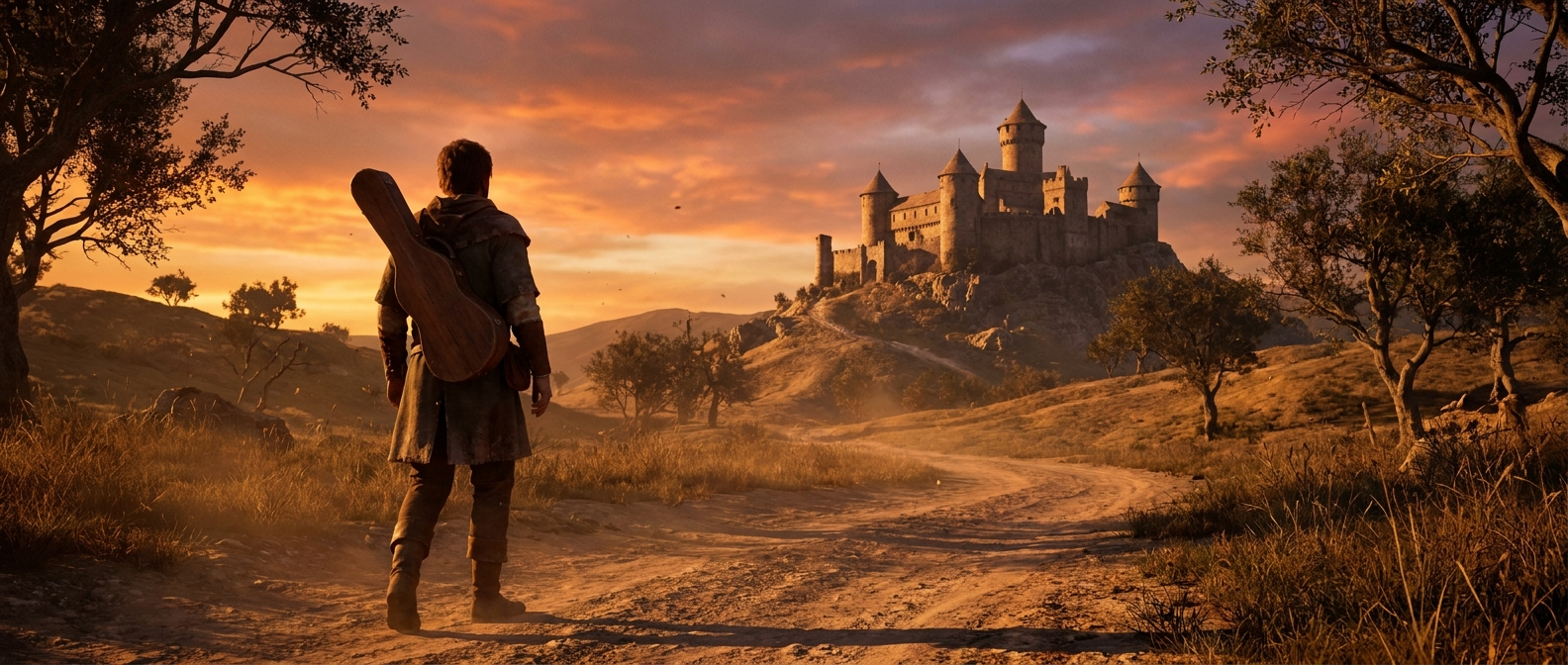 A wandering singer walks along a road toward a hilltop castle at sunset, a fiddle on his back