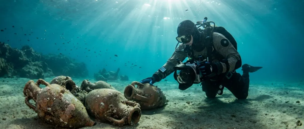 A diver examines ancient clay amphorae on the sandy seafloor A diver examines ancient clay amphorae on the sandy seafloor
