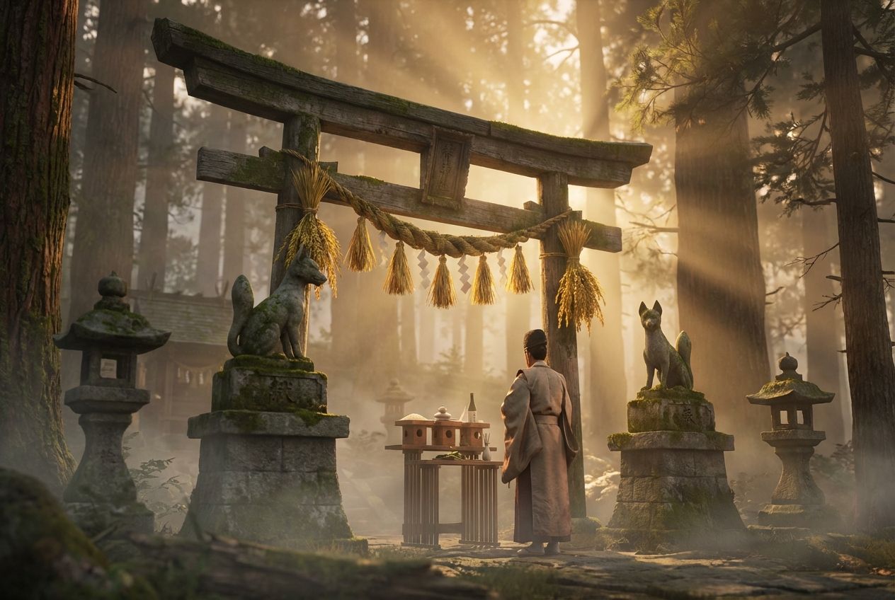 Ein Shinto-Priester steht an einem Torii mit Strohseil im Wald, flankiert von moosbewachsenen Fuchsstatuen und Steinlaternen