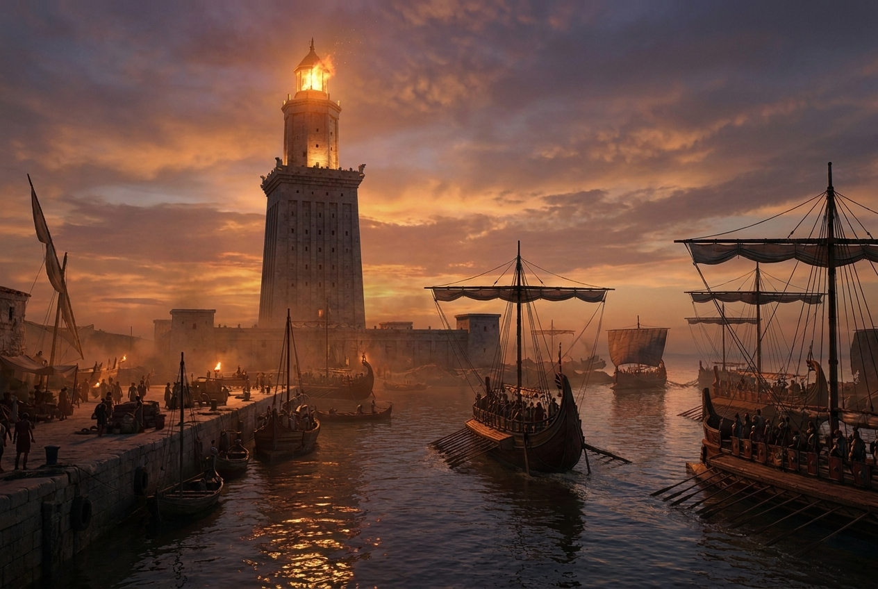 Das Feuer des Leuchtturms von Alexandria lodert in der Abenddämmerung, römische Kriegsschiffe laufen in den Hafen ein