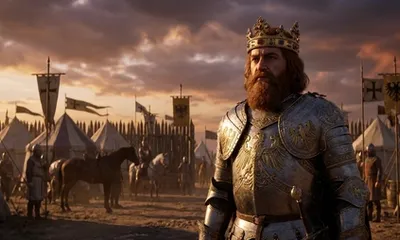 Kaiser Friedrich Barbarossa in Rüstung vor einer mittelalterlichen Kreuzzugslandschaft
