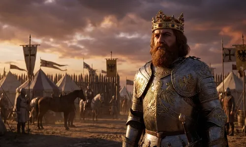 Kaiser Friedrich Barbarossa in Rüstung vor einer mittelalterlichen Kreuzzugslandschaft