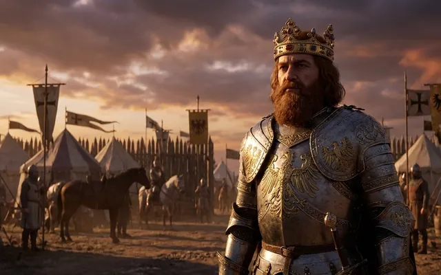 Kaiser Friedrich Barbarossa in Rüstung vor einer mittelalterlichen Kreuzzugslandschaft