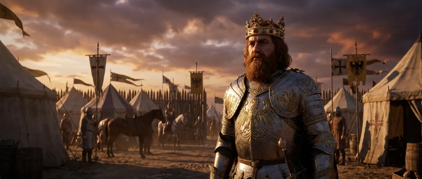 Emperor Frederick Barbarossa in armor before a medieval crusader landscape