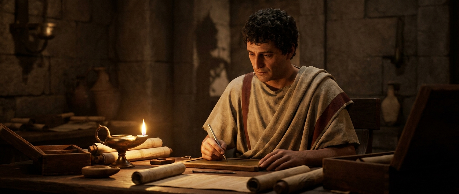 A Roman senator in a toga sits at a desk by oil lamplight and writes on a wax tablet with a stylus, papyrus scrolls around him