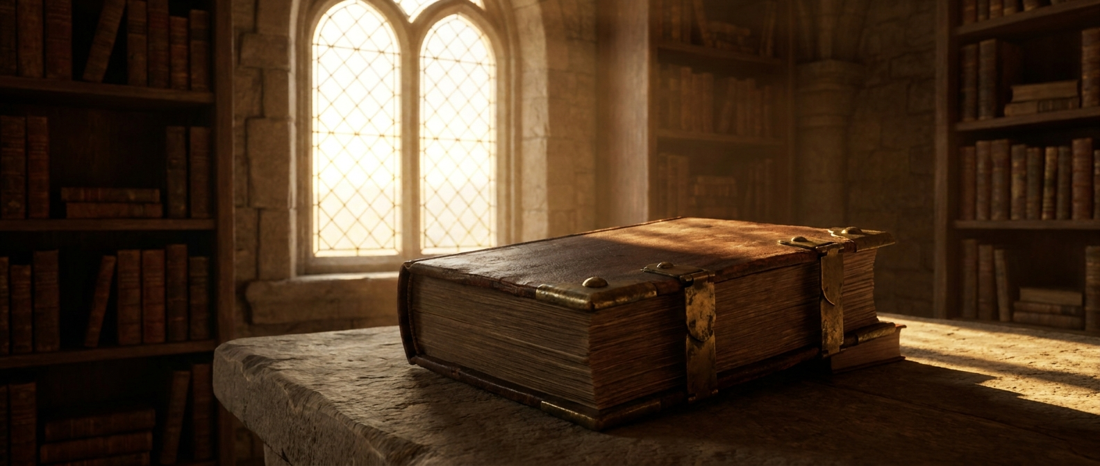A huge medieval codex in dark leather with brass clasps lies closed on a stone table in a library
