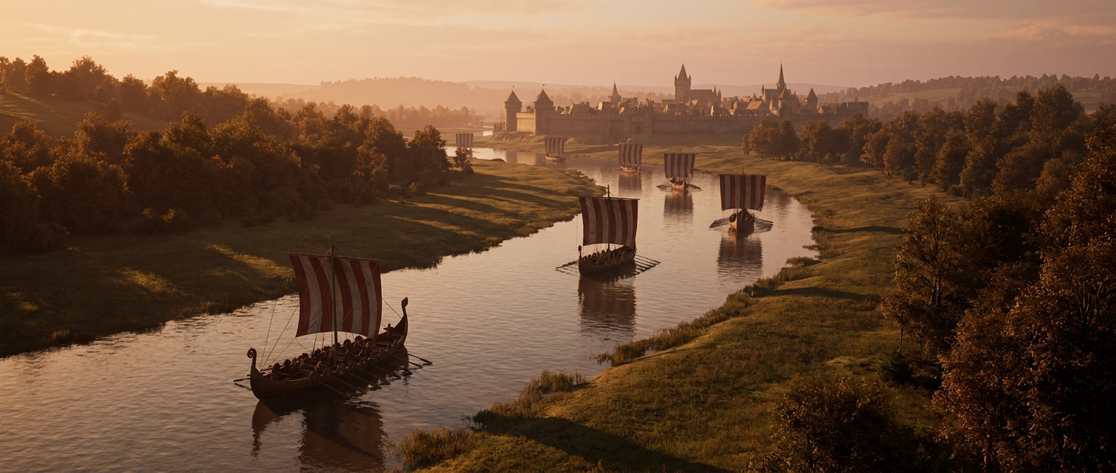 A fleet of Viking longships with striped sails rows up a wide river toward a distant walled city