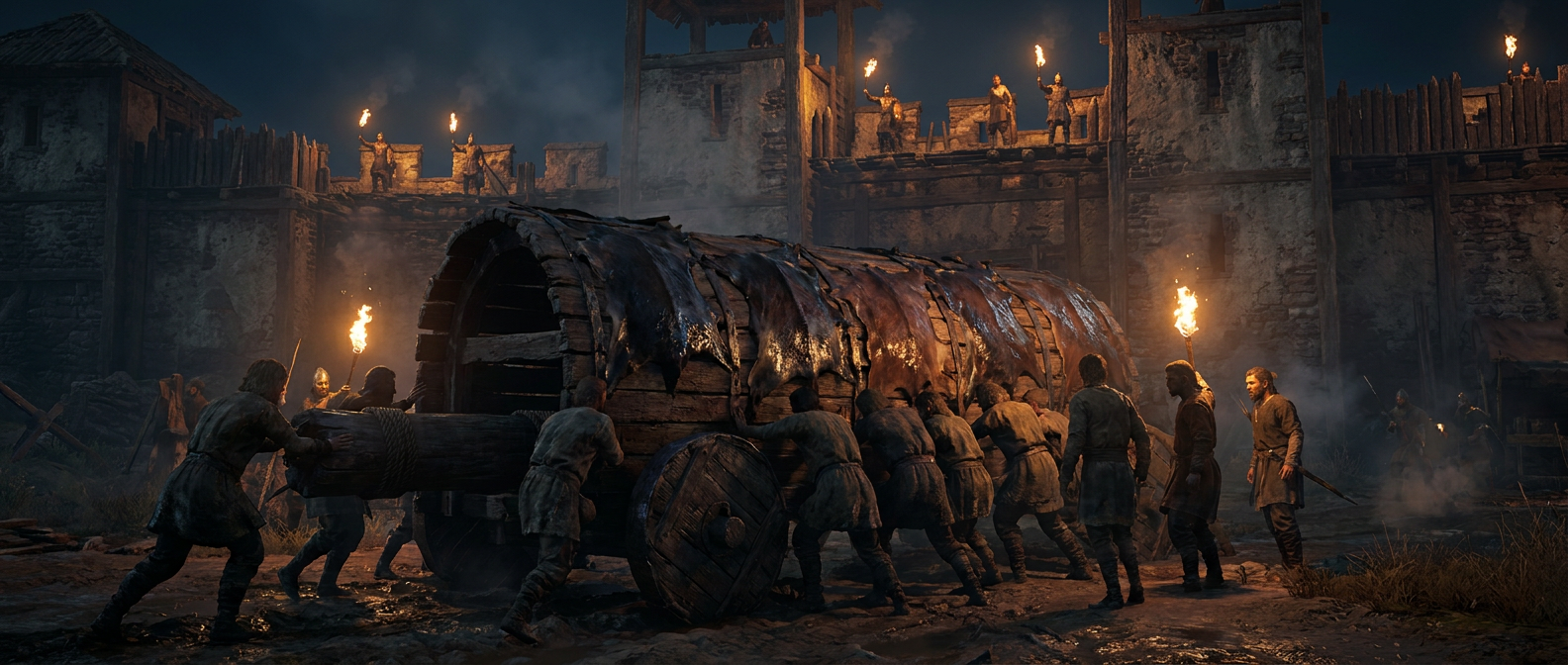 A battering ram covered in wet horse hides is pushed toward the walls of a Bronze Age city under torchlight