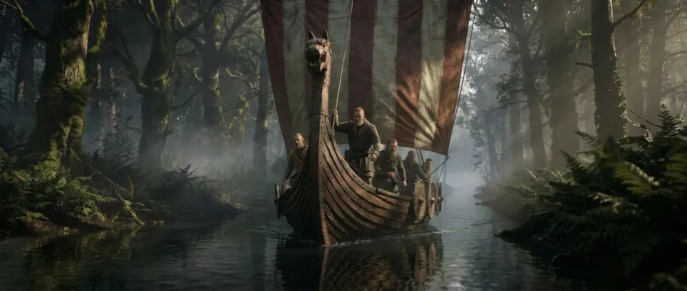 A Viking longship sailing up a narrow forest-lined river A Viking longship sailing up a narrow forest-lined river