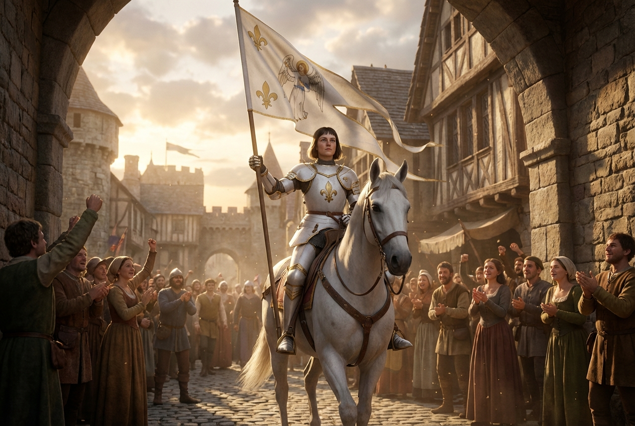 Joan of Arc in armor rides a white horse into a medieval town with her fleur-de-lis banner as townspeople cheer
