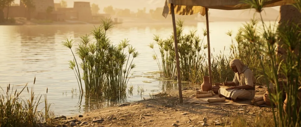 A riverbank scene with papyrus plants and an ancient Egyptian scribe writing on a scroll A riverbank scene with papyrus plants and an ancient Egyptian scribe writing on a scroll