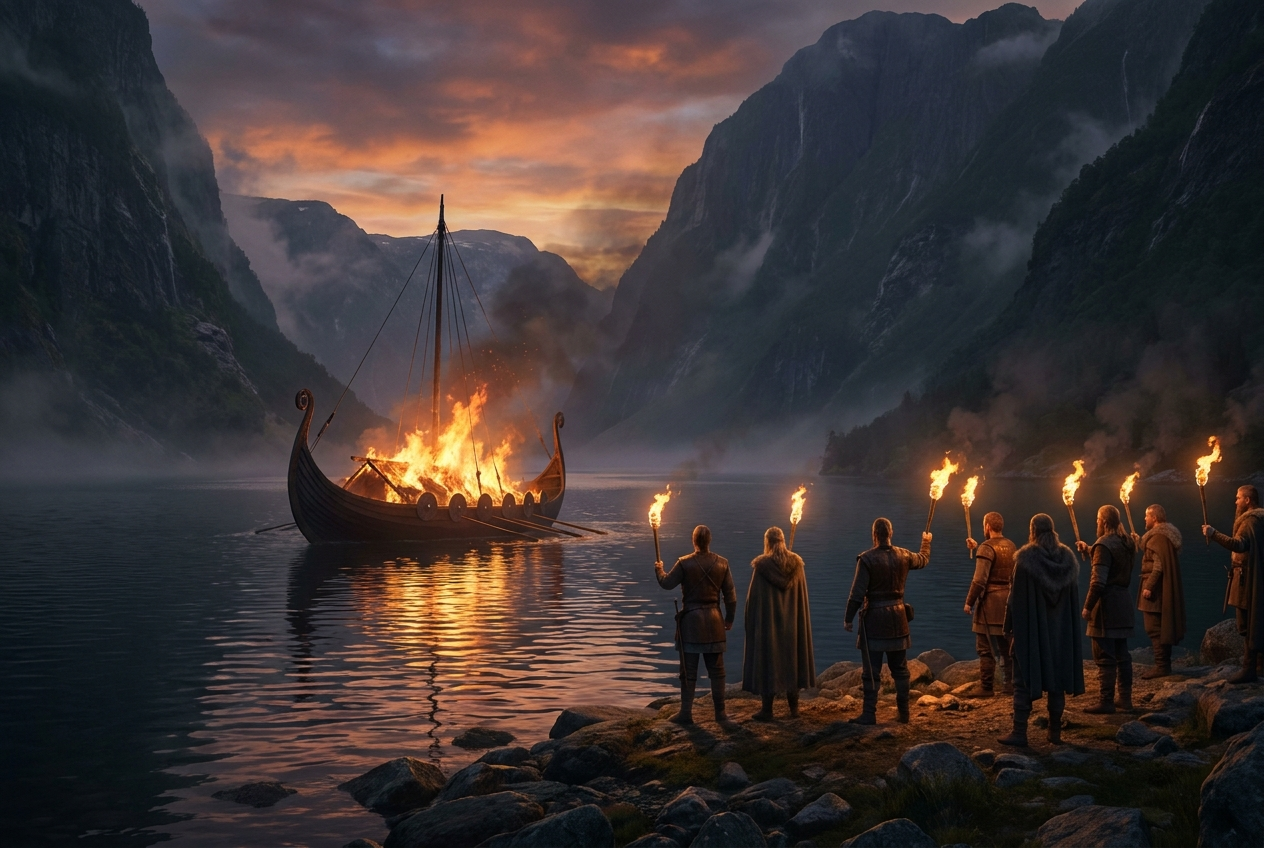 Wikinger mit Fackeln stehen am Ufer eines Fjords und blicken auf ein brennendes Langschiff bei einer Bestattung