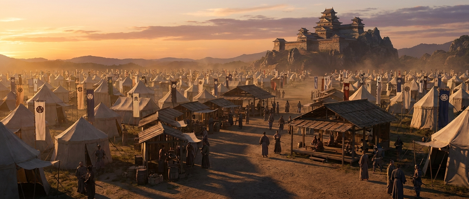 A large siege camp with tents, banners, and market stalls in front of a Japanese mountain fortress
