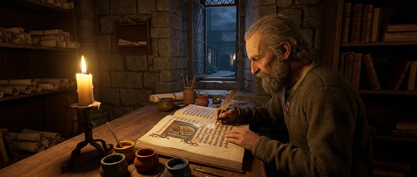 A medieval scribe illuminating a manuscript by candlelight in a stone castle scriptorium