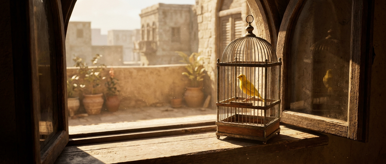 A yellow canary sits in a small cage on a windowsill in Egypt in 1920s light