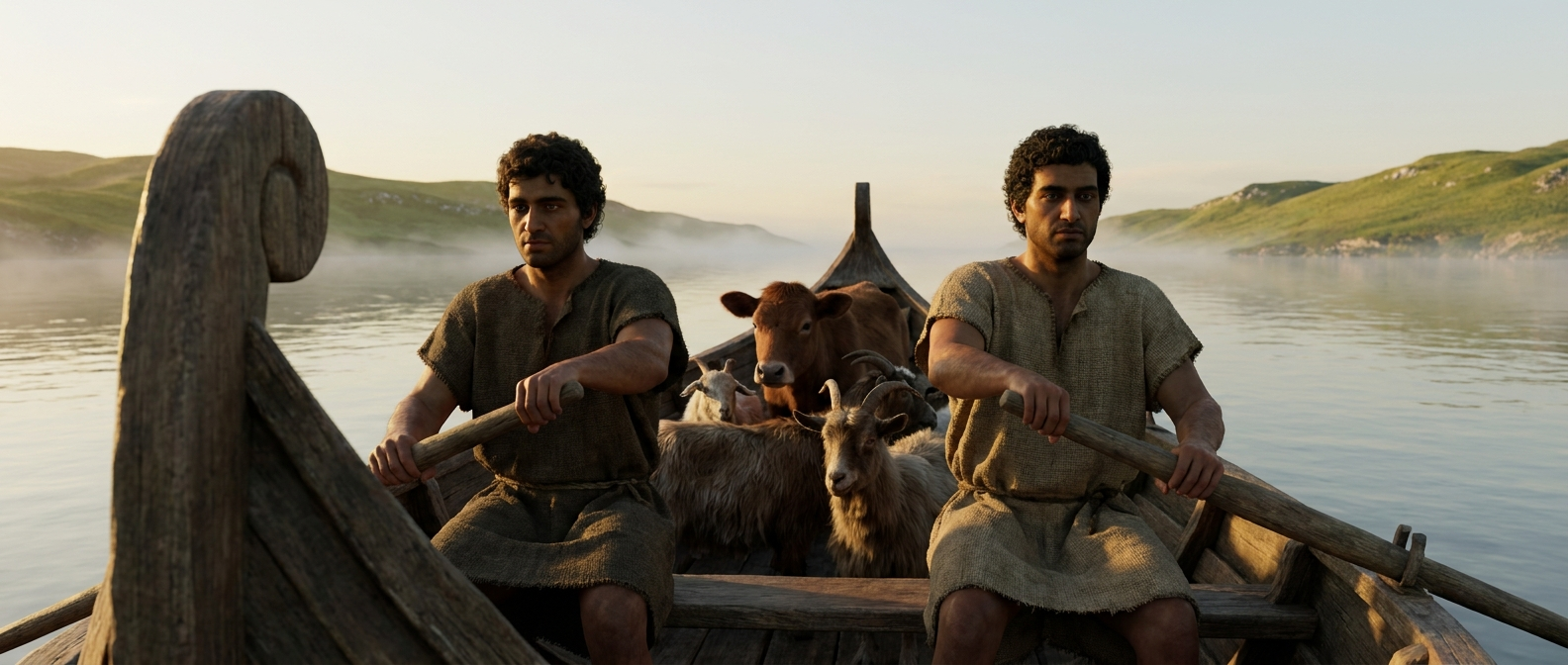 Two Bronze Age Greek ferrymen with olive skin and bare arms in short wool tunics row a small wooden boat with a curved prow, carrying a heifer and goats, across a calm strait at dawn