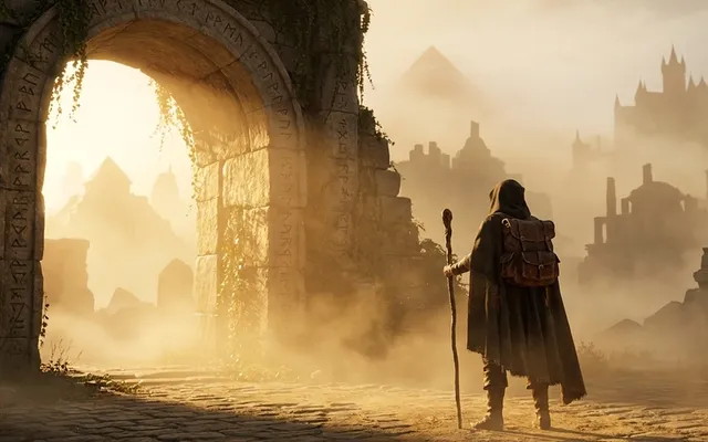 A lone figure standing before a massive ancient stone archway, a hazy landscape of distant historical eras visible beyond it