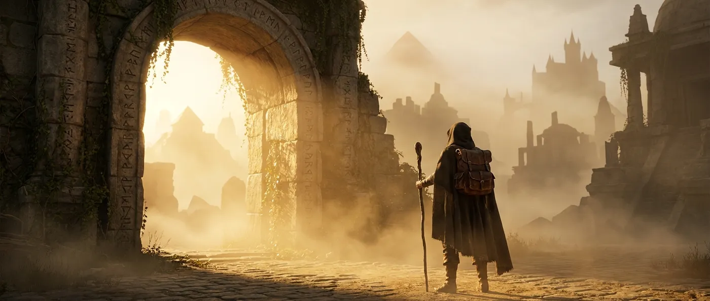 A lone figure standing before a massive ancient stone archway, a hazy landscape of distant historical eras visible beyond it