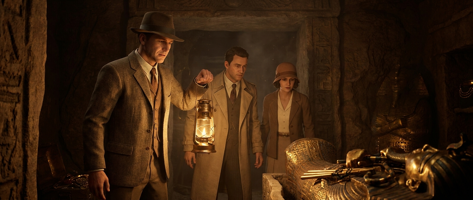 Three people in 1920s clothes enter a dark tomb with a lantern, gold shimmering around them