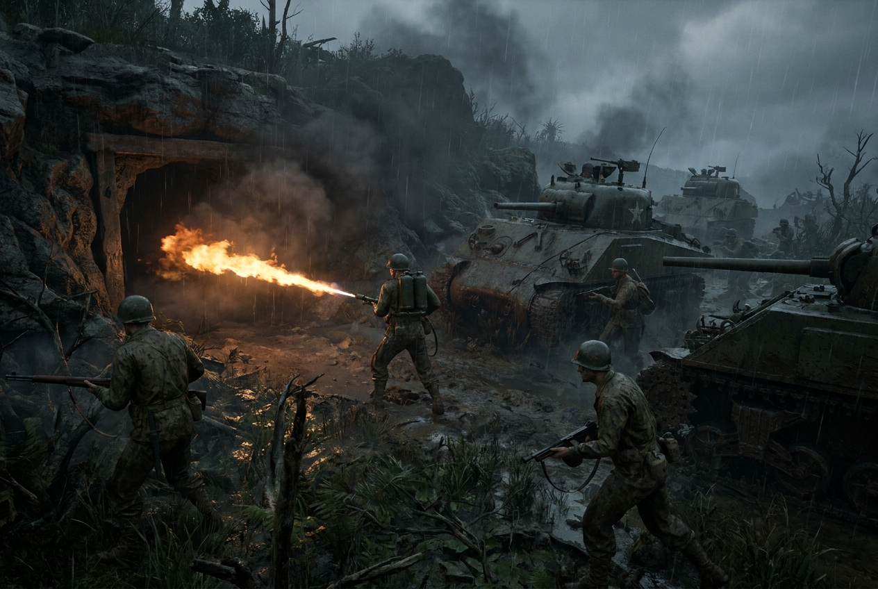 US-Marines mit Flammenwerfer und Sherman-Panzern kämpfen im Regen gegen einen japanischen Höhlenbunker