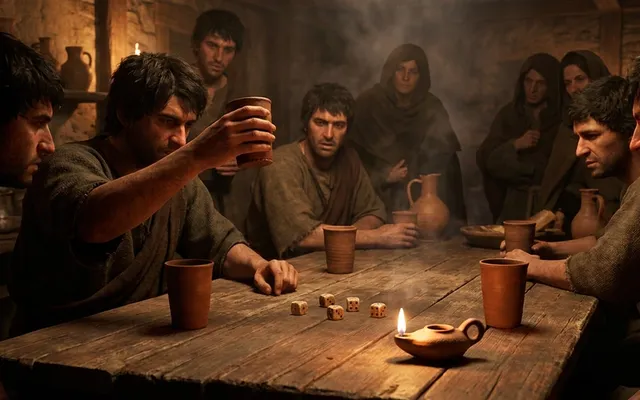 Roman men in tunics lean over a wooden table in a lamplit tavern and throw bone dice from a cup, clay cups and a lamp on the table, onlookers watching