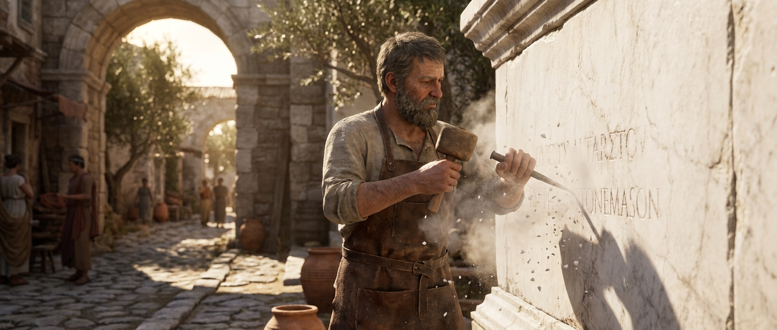 A stonemason chisels a name off a marble wall in an ancient Greek street, stone dust flying