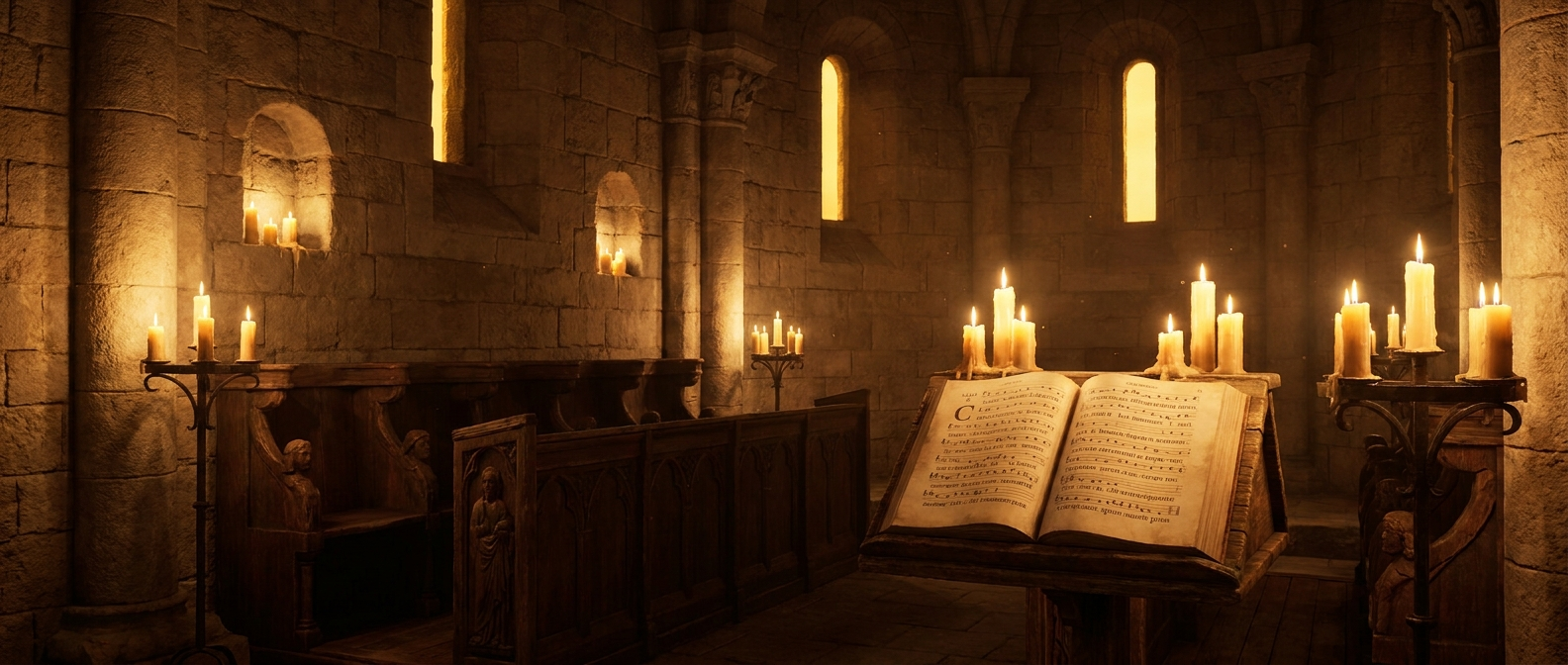 The interior of a candlelit Romanesque stone chapel with empty wooden choir stalls and an open chant book on a lectern
