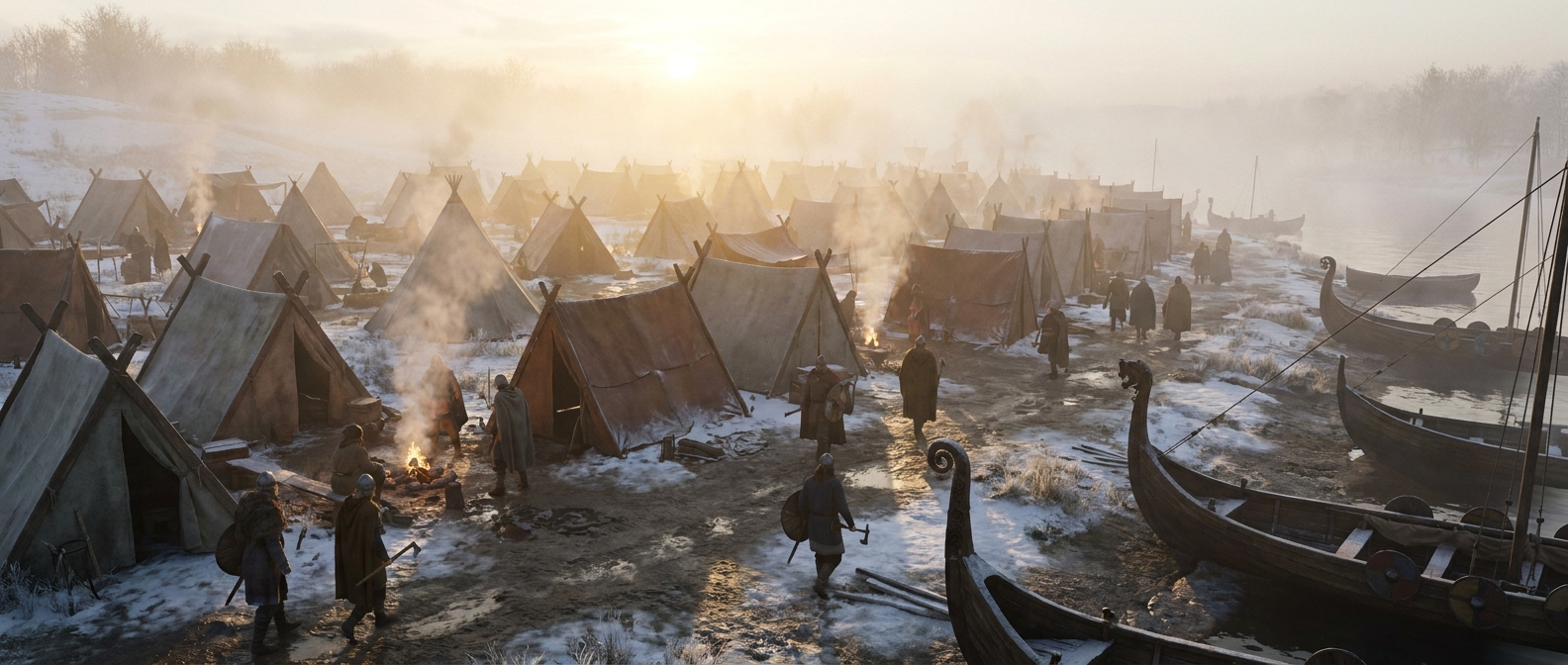 A large Viking camp on an English riverbank in winter morning mist with many tents, campfires, and longships pulled ashore