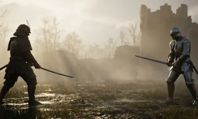 A Japanese samurai and a European knight face off on a misty battlefield, ready for combat