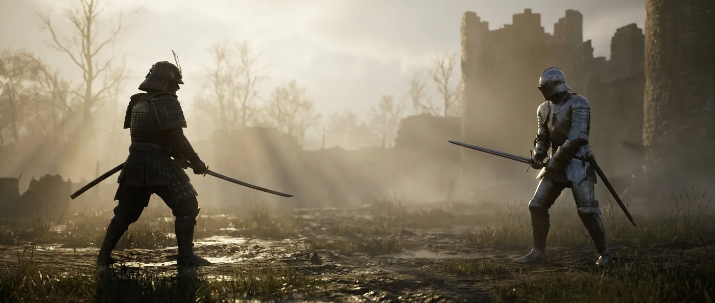 A Japanese samurai and a European knight face off on a misty battlefield, ready for combat