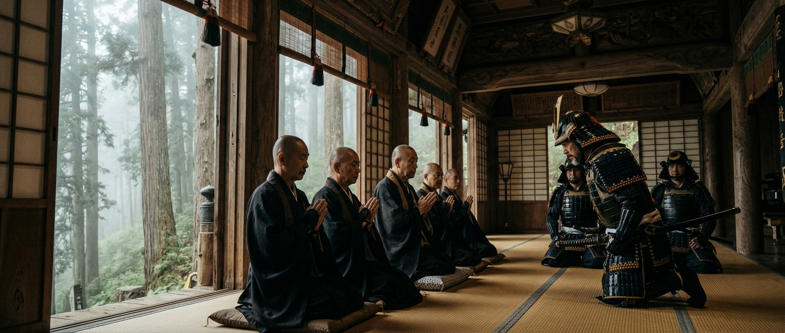 Buddhist monks in robes receive a samurai envoy in a temple hall, cedars on a mountain slope outside in the mist
