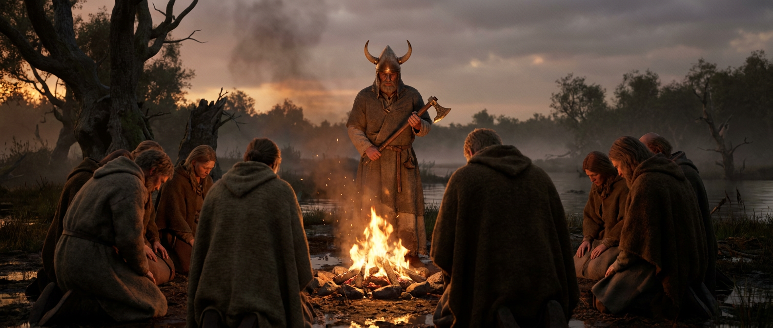 Ein Priester der Bronzezeit mit einem Bronzehelm mit zwei gebogenen Hörnern steht in der Abenddämmerung vor einem Zeremonialfeuer an einem dänischen Moor, Dorfbewohner knien