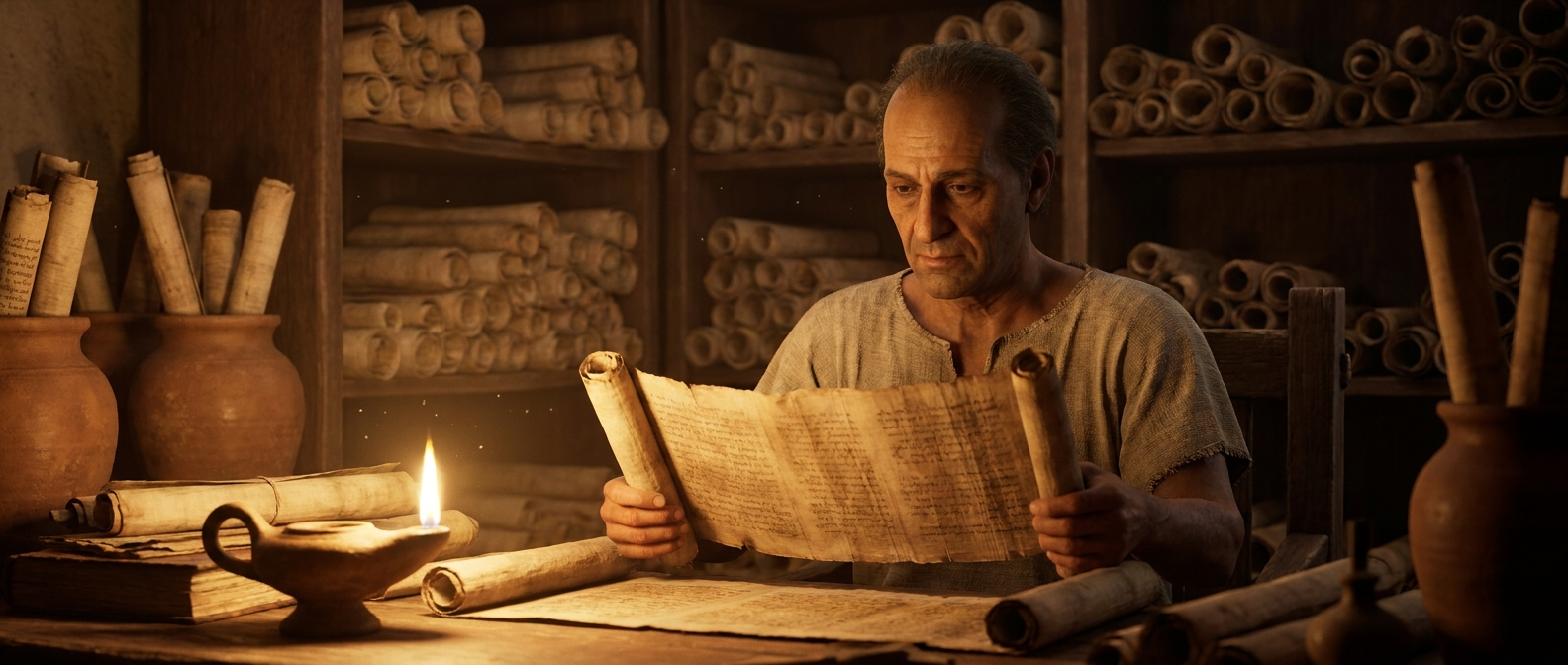 A scholar with olive skin in a tunic compares two papyrus scrolls at a desk by lamplight, shelves of scrolls behind him