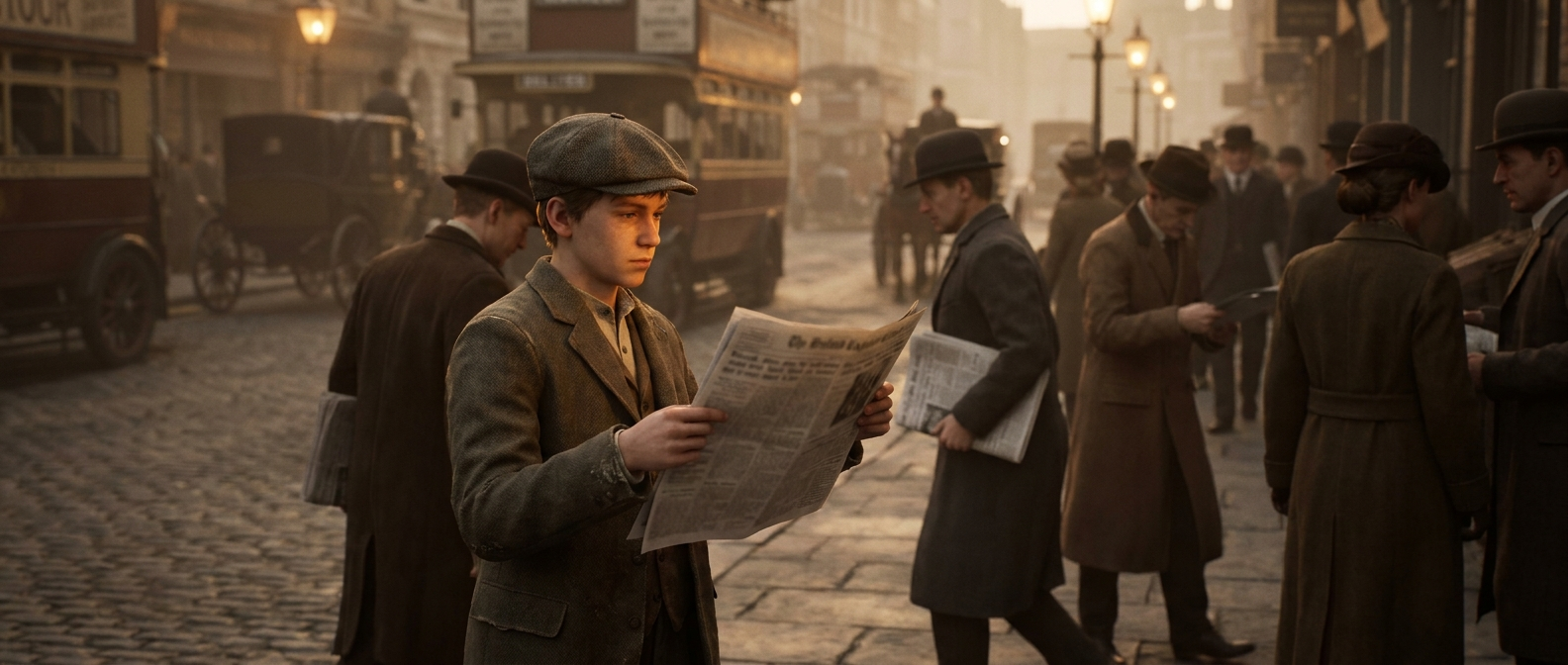 A newsboy holds up a newspaper on a London street in 1923 while passersby read around him