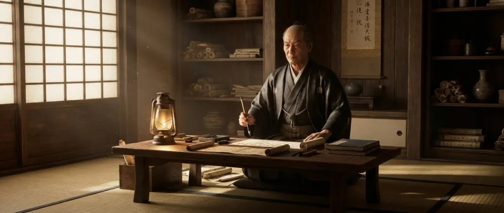 A samurai in formal clothing working at a desk surrounded by documents and scrolls A samurai in formal clothing working at a desk surrounded by documents and scrolls
