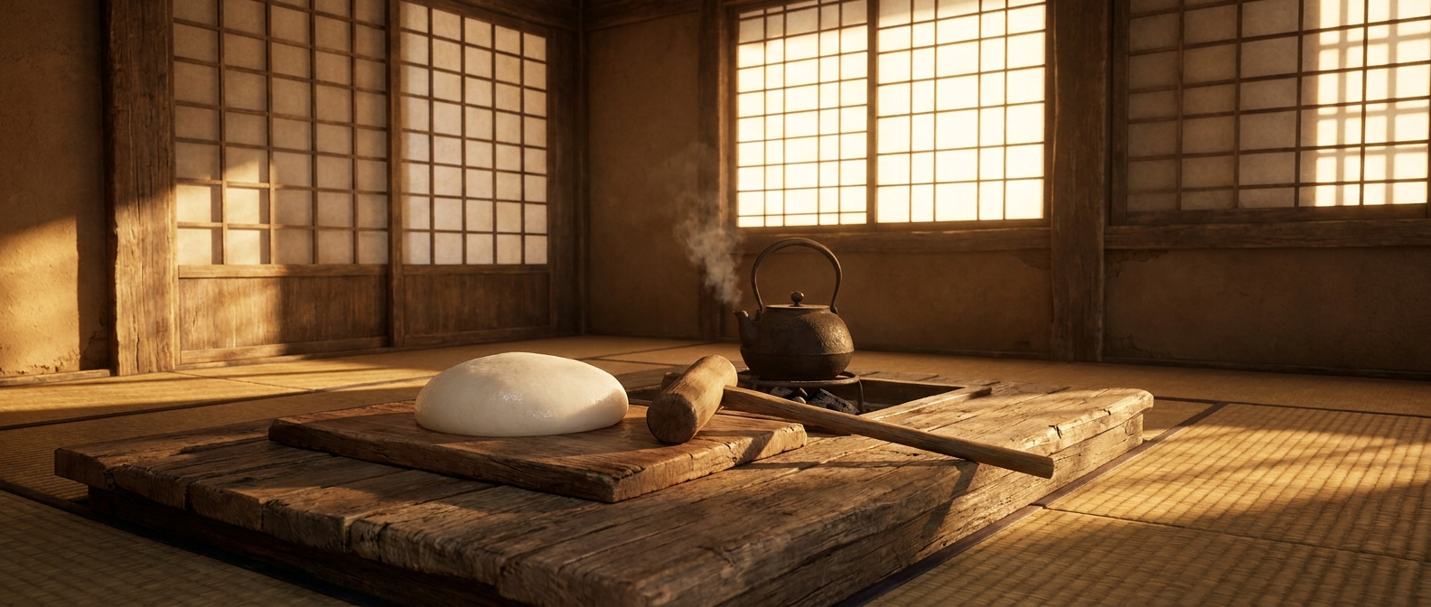A freshly pounded white rice cake lies on a wooden board next to a wooden mallet and a steaming pot
