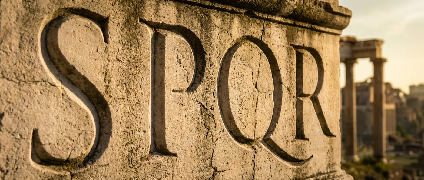 Die Buchstaben SPQR sind in einen verwitterten antiken römischen Steinbogen eingemeißelt, im Hintergrund das Forum Romanum