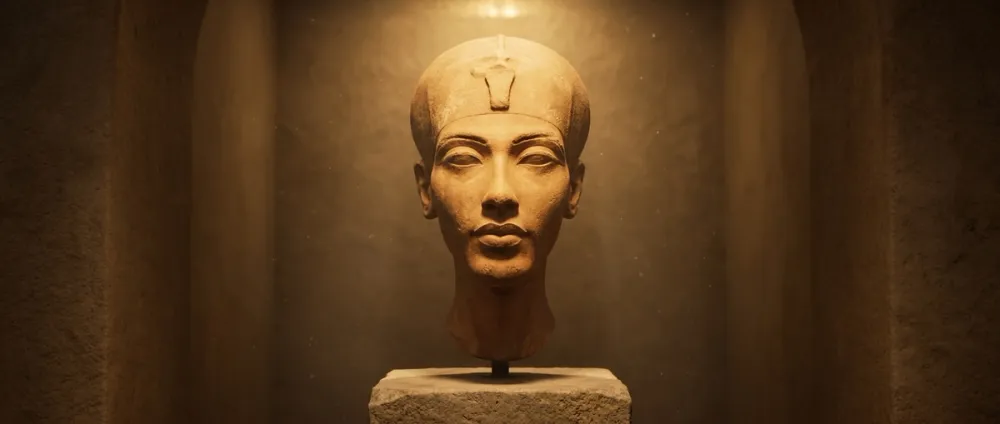 Ein Porträt im charakteristischen länglichen Amarna-Kunststil Ein Porträt im charakteristischen länglichen Amarna-Kunststil