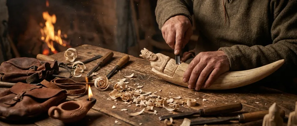 Ein Wikinger-Handwerker schnitzt filigrane Schachfiguren aus einem großen Walross-Stoßzahn in einer Werkstatt Ein Wikinger-Handwerker schnitzt filigrane Schachfiguren aus einem großen Walross-Stoßzahn in einer Werkstatt