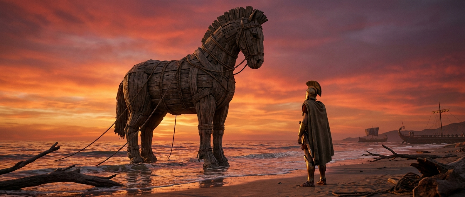 A giant wooden horse stands on a beach at dawn, a lone guard beside it, the tide lapping at its legs