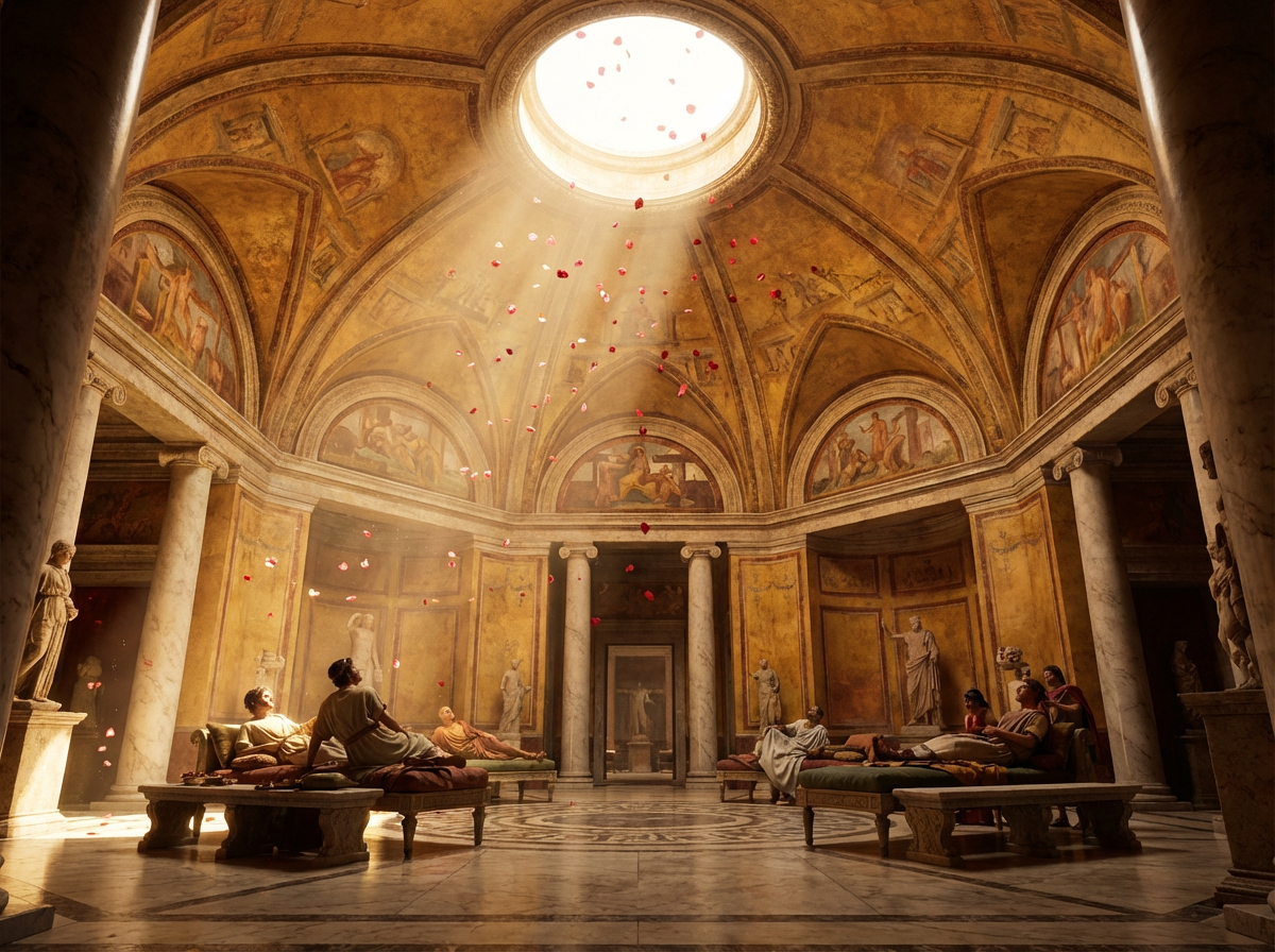 Romans recline at a banquet in the octagonal hall of Nero's Domus Aurea as rose petals drift down through the oculus.