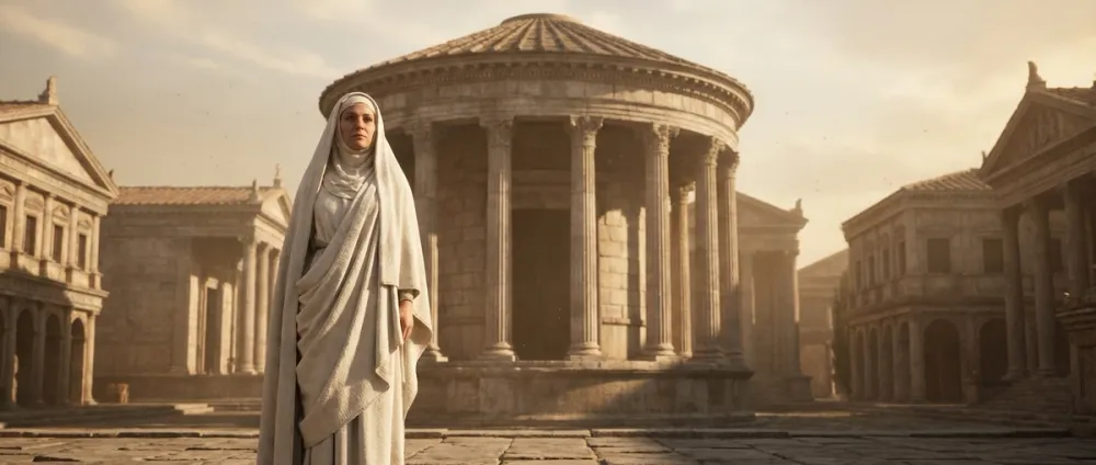 A Vestal Virgin in traditional white robes standing before the Temple of Vesta A Vestal Virgin in traditional white robes standing before the Temple of Vesta