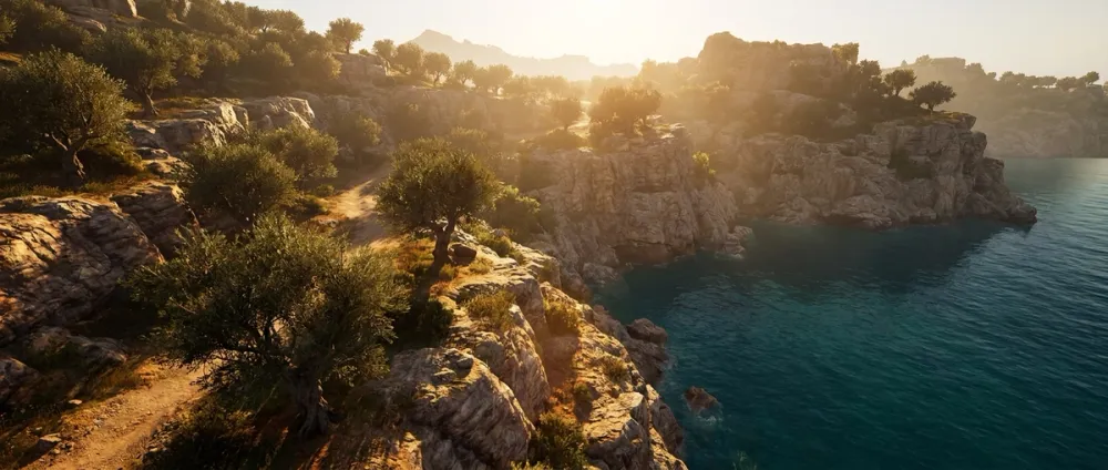Eine zerklüftete mediterrane Inselküste mit Olivenhainen und türkisfarbenem Wasser Eine zerklüftete mediterrane Inselküste mit Olivenhainen und türkisfarbenem Wasser